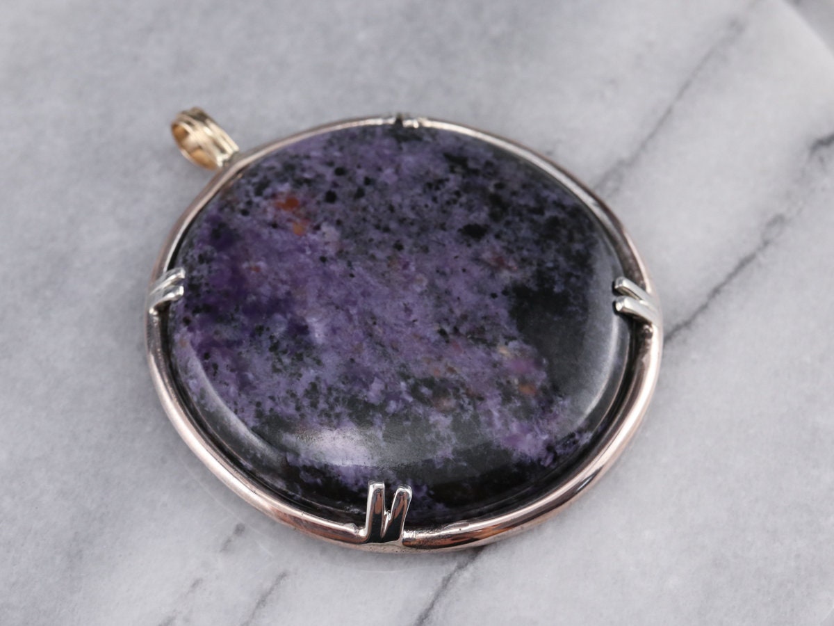 Large Charoite Statement Pendant, Sterling Silver & 14k Gold