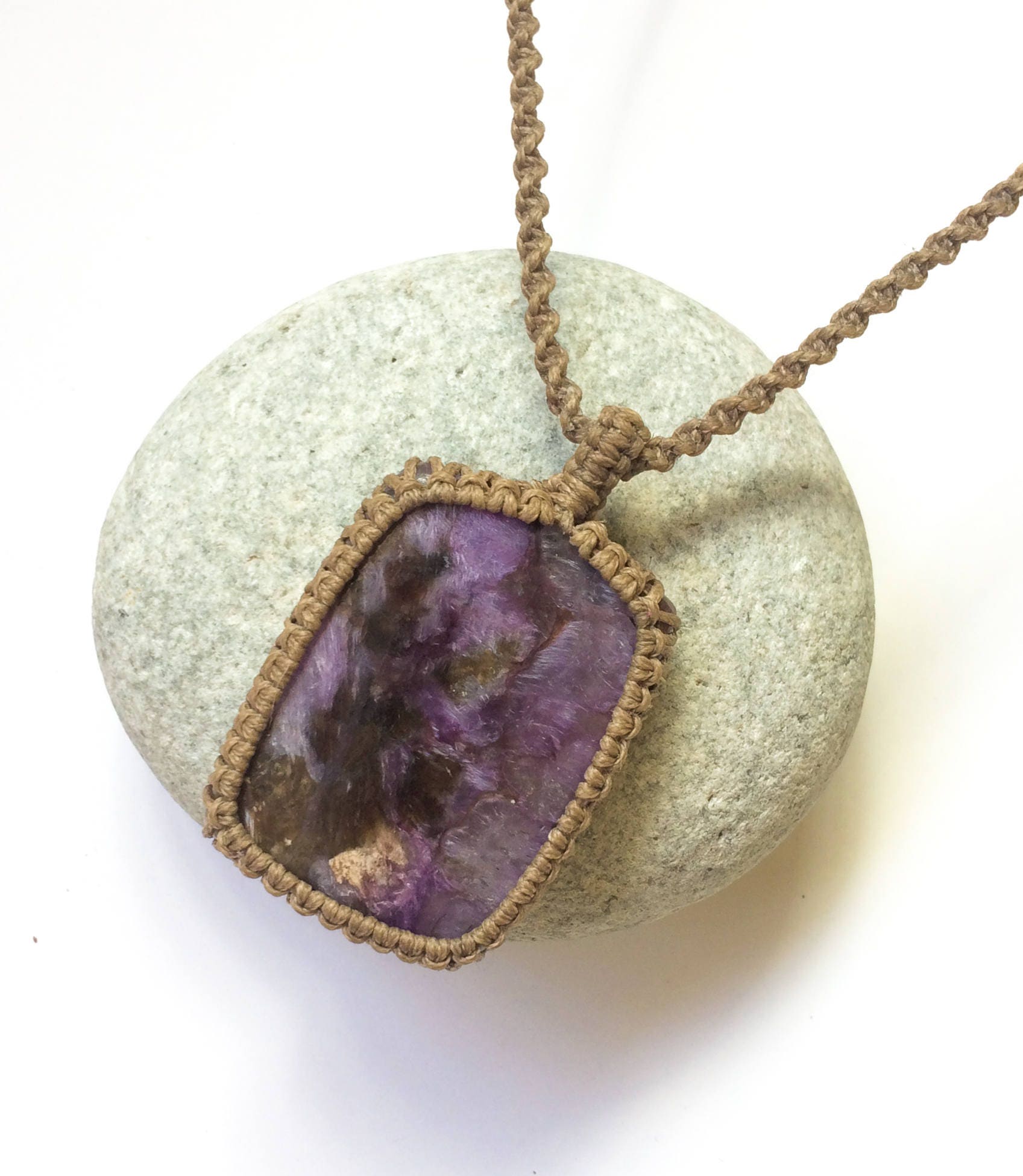 Charoite Macrame Necklace, Square Charoite Stone Necklace, Charoite Macrame Pendant, Mauve Purple, Lavender Charoite Stone, Spiritual Gift Charoite Macrame Necklace, Square Charoite Stone Necklace, Charoite Macrame Pendant, Mauve Purple, Lavender Charoite Stone, Spiritual Gift