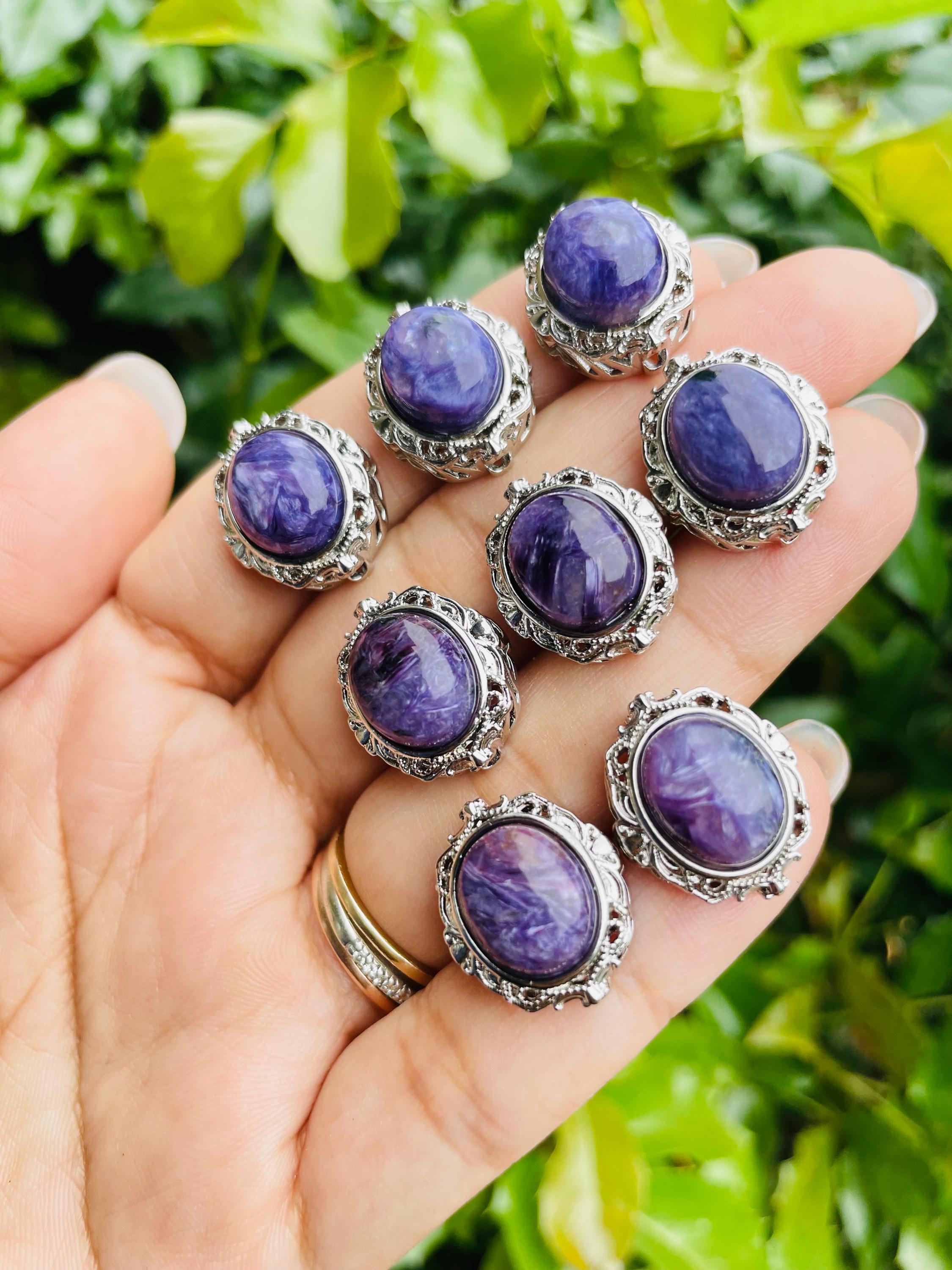 Mini Purple Charoite Crystal Charm: Silver Tone Pendant (18.5mm X 15.5mm