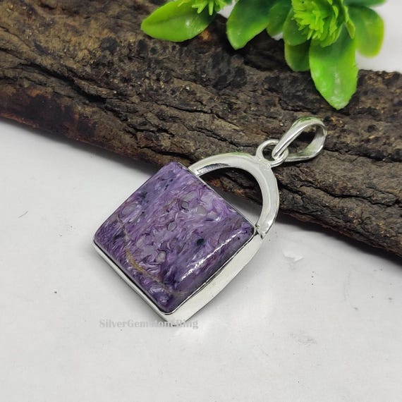 Natural Charoite Pendant: 925 Sterling Silver, Designer Jewelry