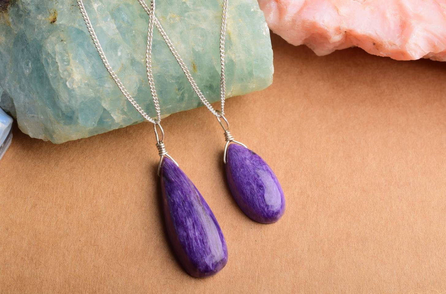 Natural Pear Charoite Pendant Necklace , Large Fancy Shape Purple Gemstone Jewelry , Handmade Stone Pendant Gift For Her