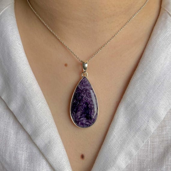 Charoite Pendant Necklace / 925 Sterling Silver / Healing Gemstone / Gift For Her / Pear Cab/ Natural Charoite Statement Jewelry / Chr-p-31.