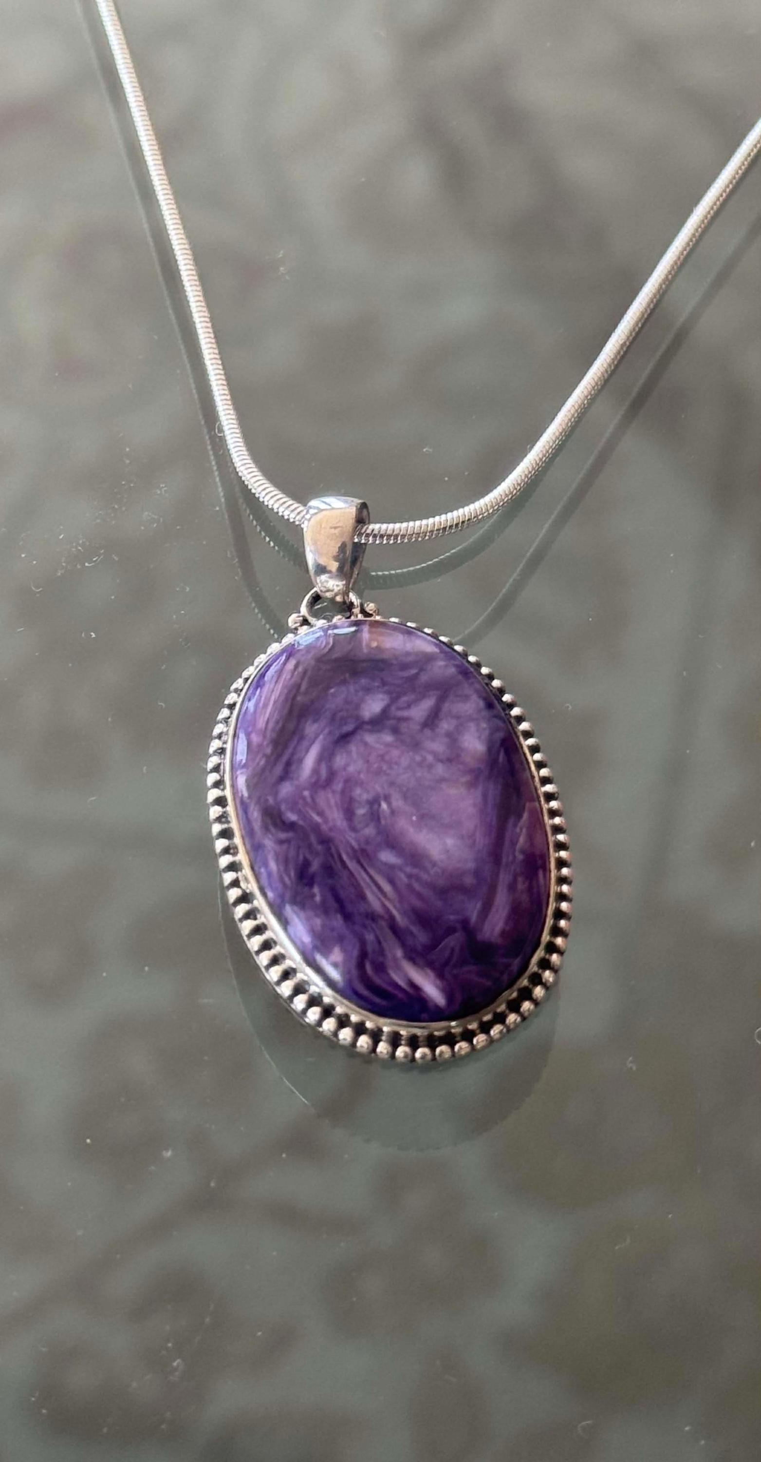 Charoite Oblong Shape Sterling Silver Pendant