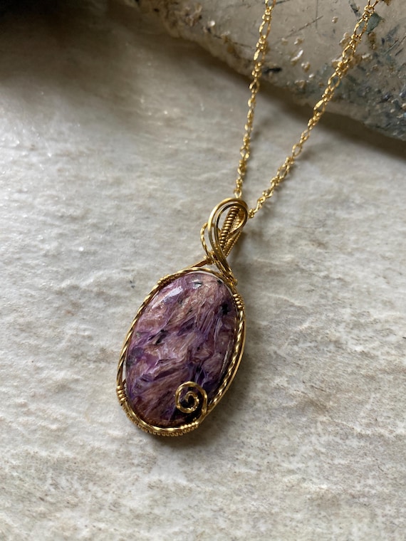 Purple Charoite Pendant- Brass Wire Wrapped Pendant - Handmade Ooak- Healing Jewelry