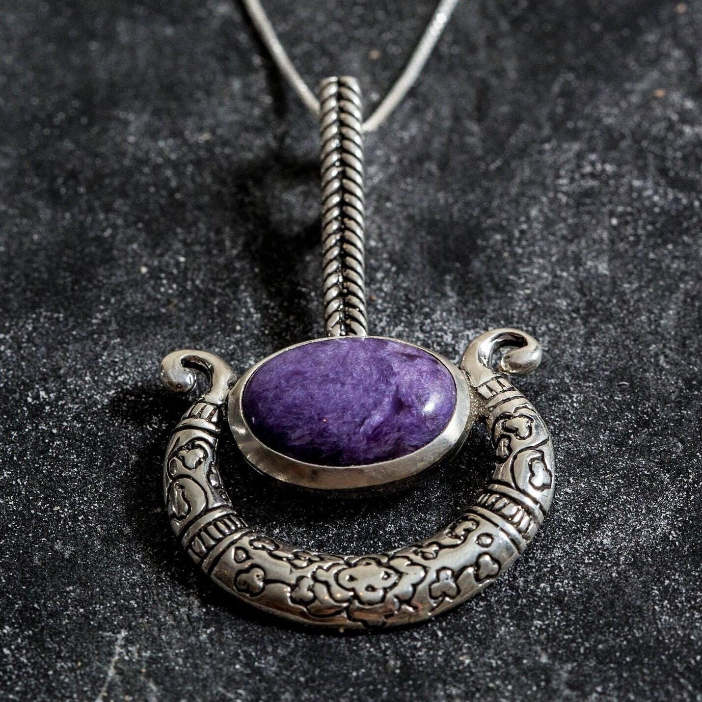 Purple Charoite Necklace, Modernist Pendant, Real Charoite, Large Boho Pendant, Vintage Statement Necklace, Ethnic Necklace, Rare By Adina
