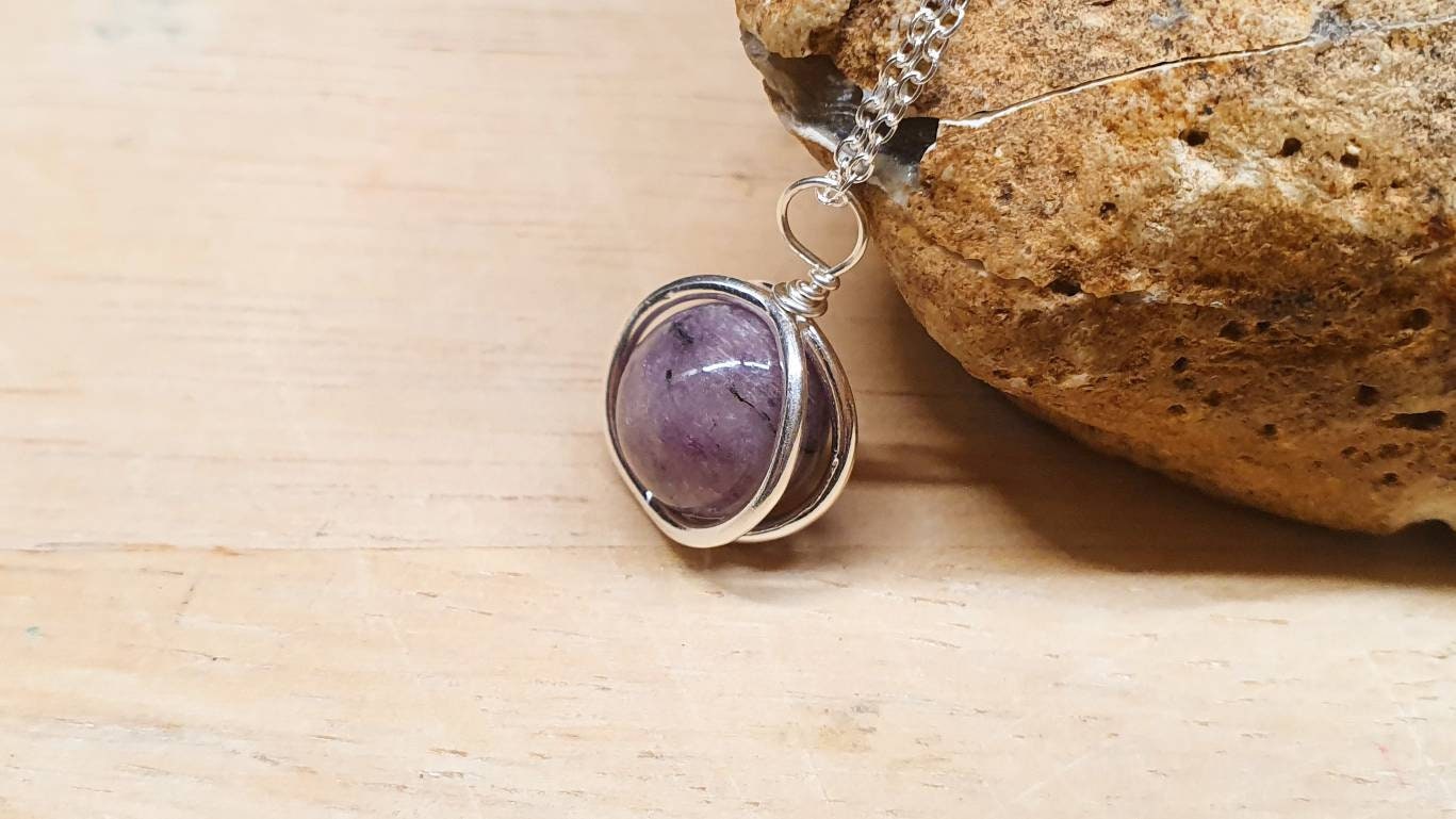 Small Circle Charoite Pendant Necklace. Purple Reiki Jewelry. 10mm Stone. Minimalist 925 Sterling Silver Necklaces For Women