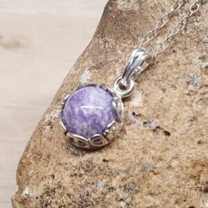 Tiny Charoite pendant necklace. Purple Reiki jewelry. Flower and leaf edging. 8mm stone. minimalist 925 sterling silver necklaces for women