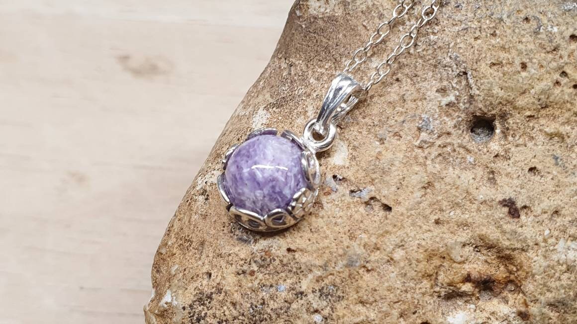 Tiny Charoite Pendant Necklace. Purple Reiki Jewelry. Flower And Leaf Edging. 8mm Stone. Minimalist 925 Sterling Silver Necklaces For Women