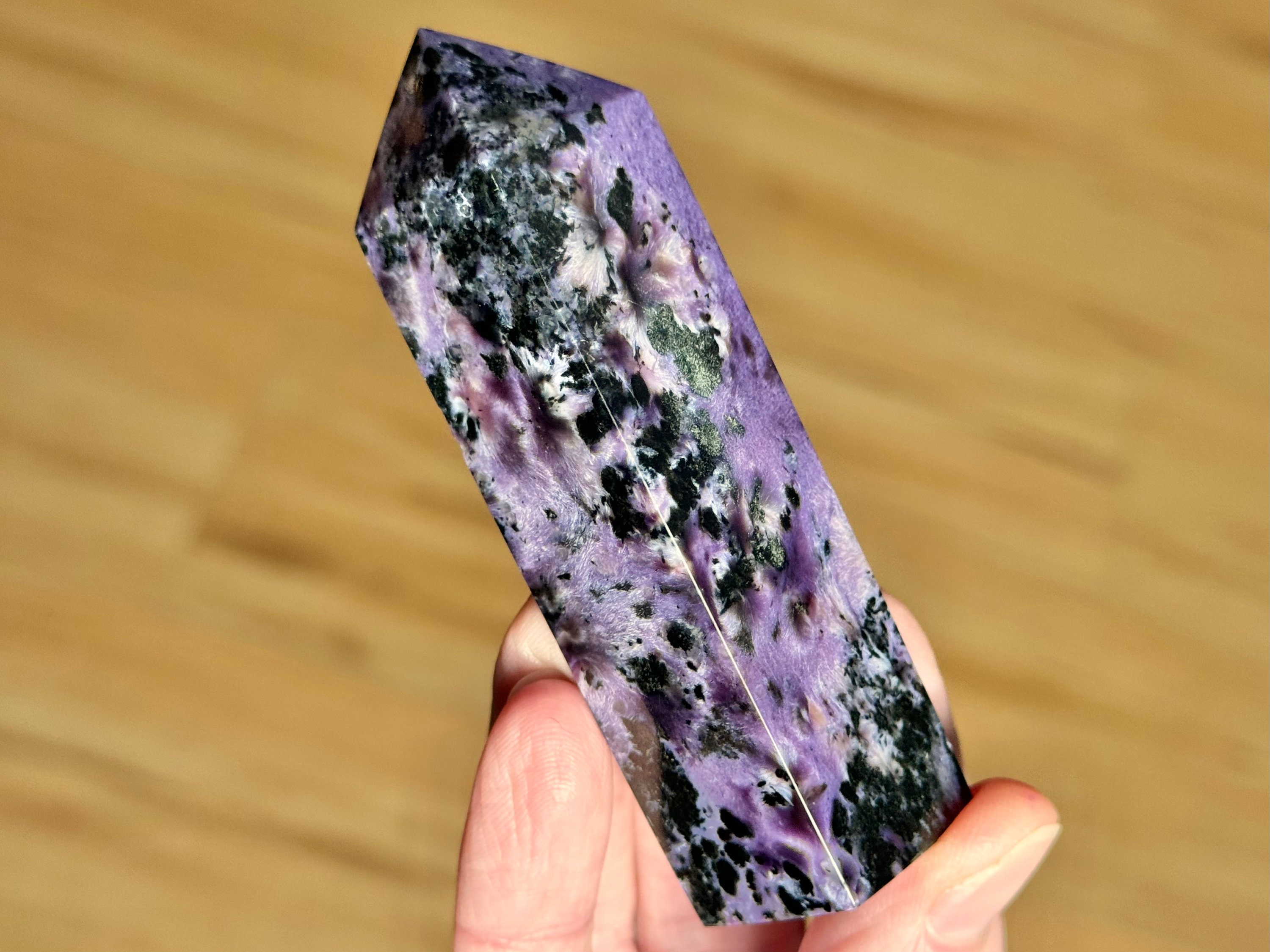 3.4 Inch Charoite Crystal Tower: Polished Point, Violet Specimen, Purple Black Pink #5 3.4 Inch Charoite Crystal Tower: Polished Point, Violet Specimen, Purple Black Pink #5