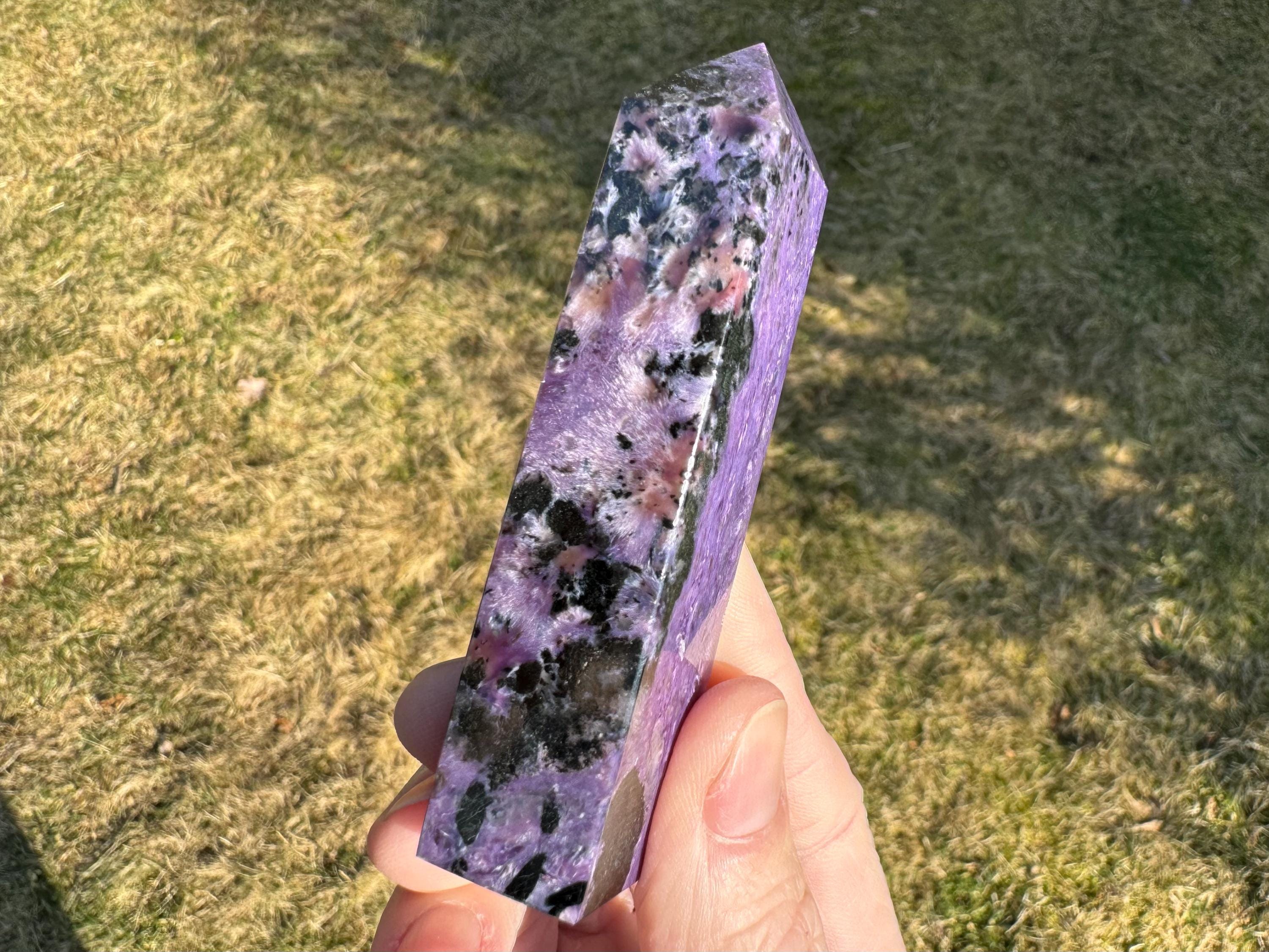Charoite Crystal Tower: Purple, Black, And Pink Gemstone Decor (3.4”) #10
