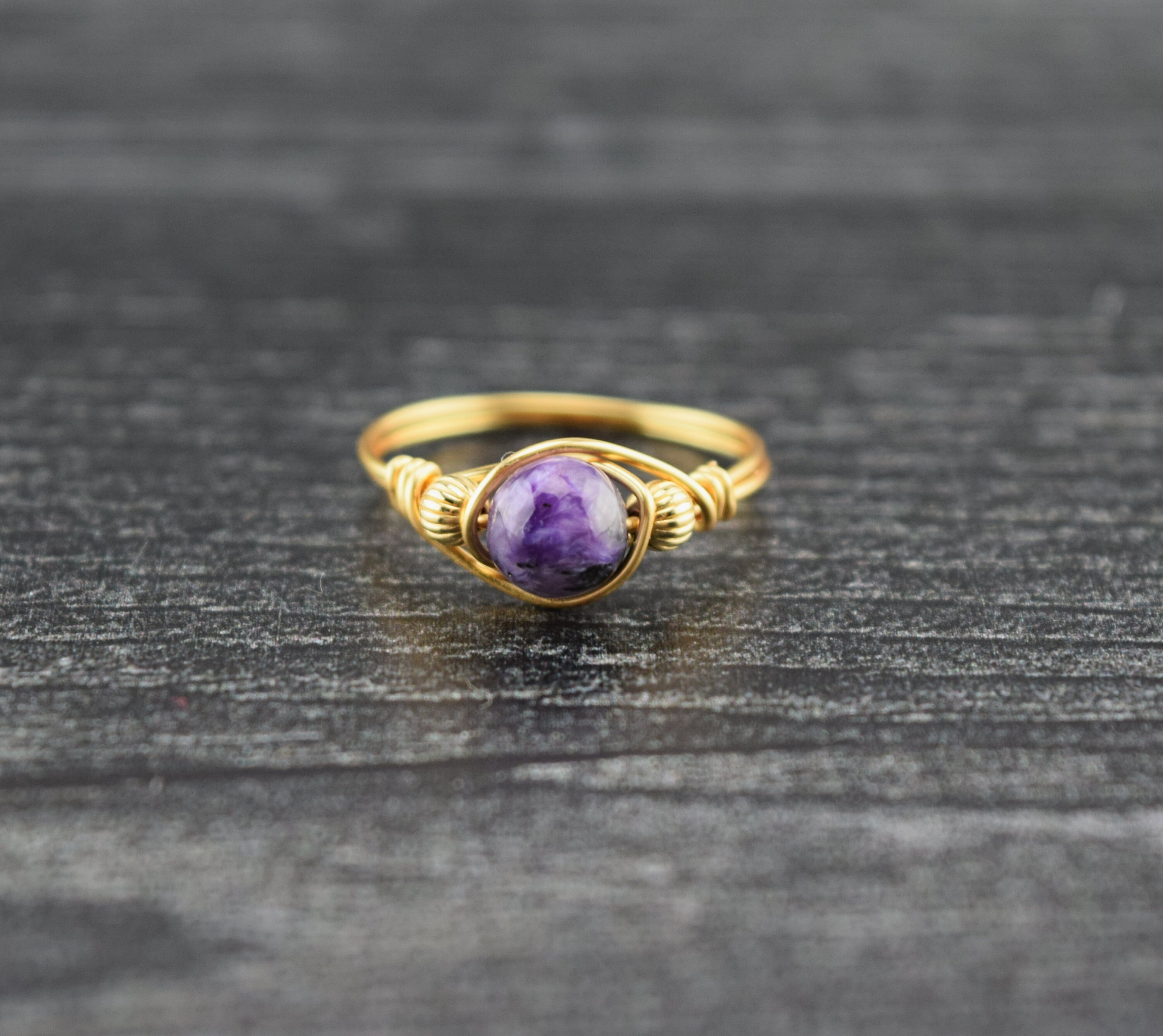 14 K Gold Filled Faceted Charoite Wire Wrapped Bead Ring