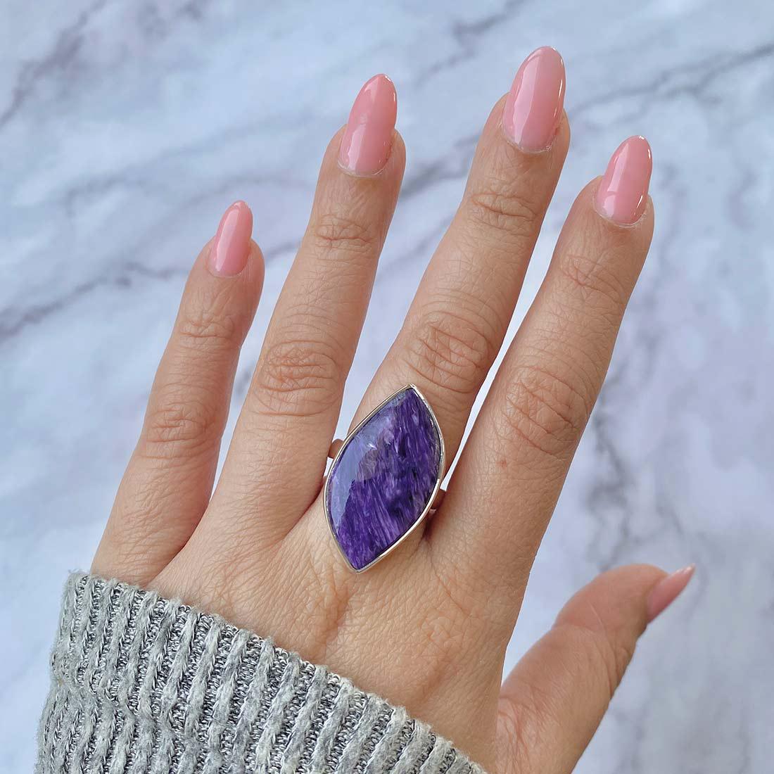Charoite Adjustable Ring / 925 Sterling Silver / Healing Gemstone / Gift For Her / Fancy Cab / Charoite Jewellery / Statement Ring Chr-r-17.