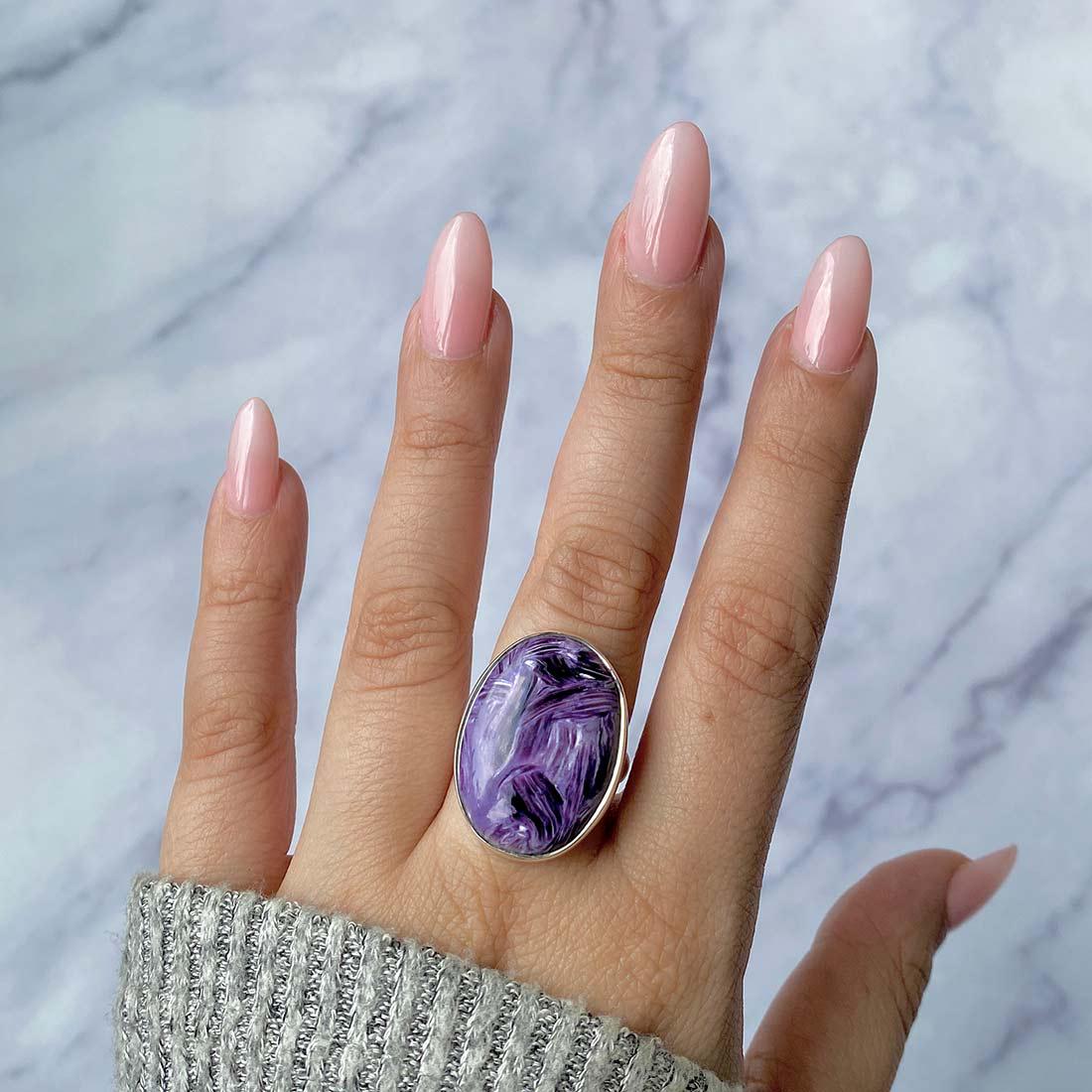 Charoite Adjustable Ring / 925 Sterling Silver / Healing Gemstone / Gifts For Her / Oval Cab / Charoite Jewellery / Statement Ring Chr-r-66.