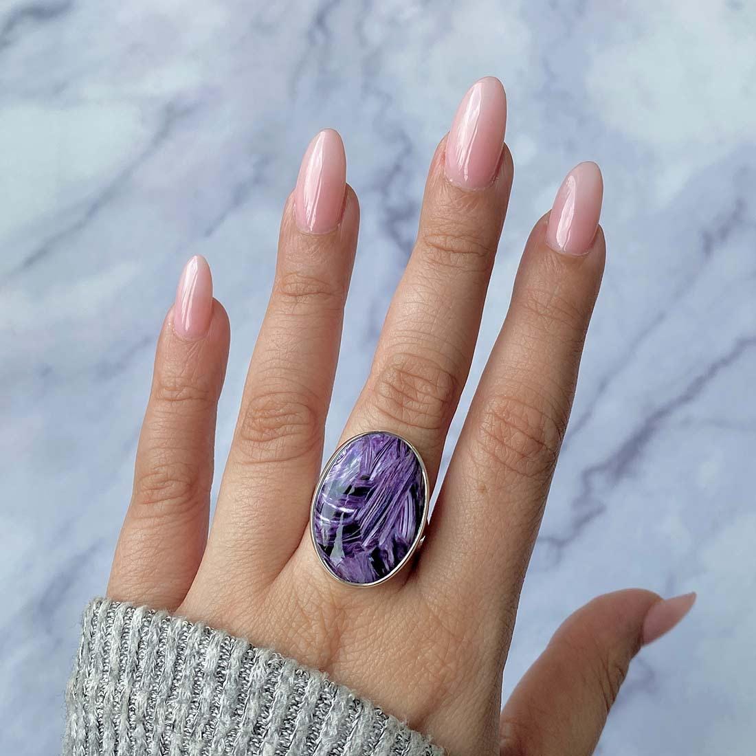 Charoite Adjustable Ring / 925 Sterling Silver / Healing Gemstone / Gifts For Her / Oval Cab / Charoite Jewellery / Statement Ring Chr-r-52.