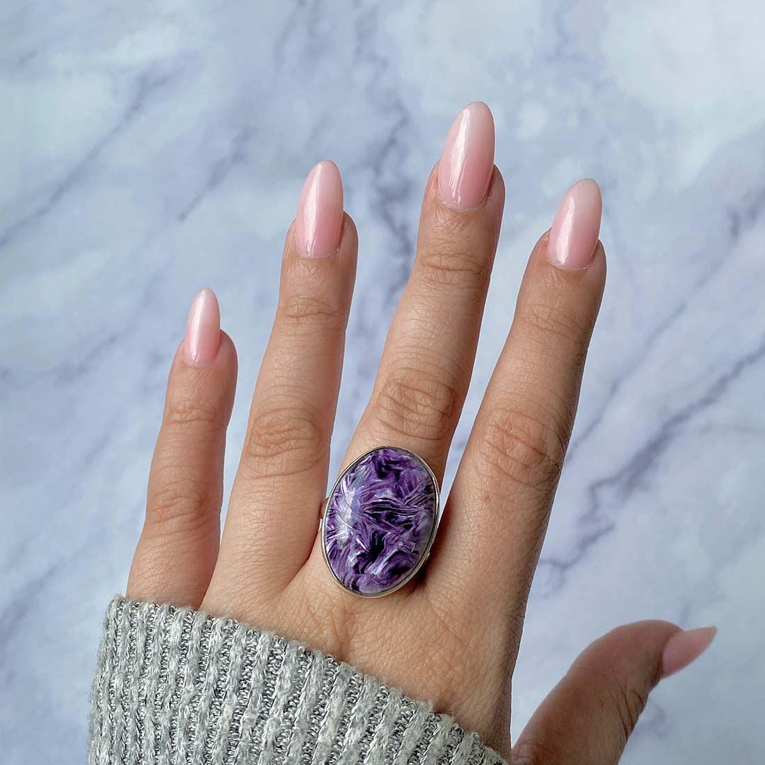 Charoite Adjustable Ring / 925 Sterling Silver / Healing Gemstone / Gifts For Her / Oval Cab / Charoite Jewellery / Statement Ring Chr-r-60.