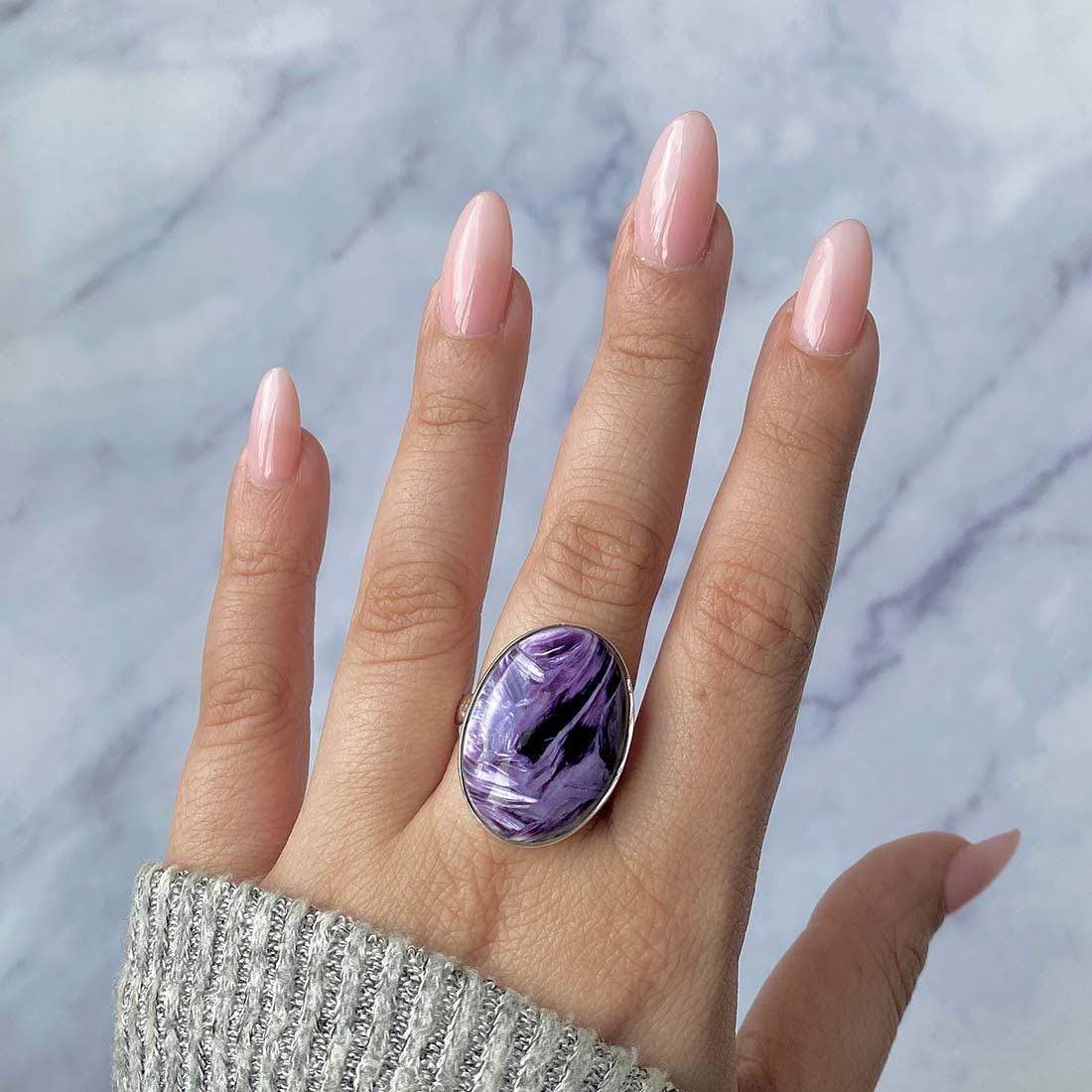 Charoite Adjustable Ring / 925 Sterling Silver / Healing Gemstone / Gifts For Her / Oval Cab / Charoite Jewellery / Statement Ring Chr-r-56.