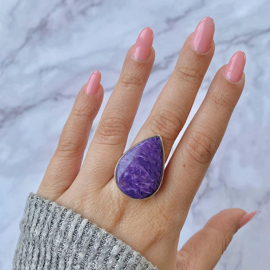 Charoite Adjustable Ring / 925 Sterling Silver / Healing Gemstone / Gifts For Her / Pear Cab / Charoite Jewellery / Statement Ring Chr-r-48.