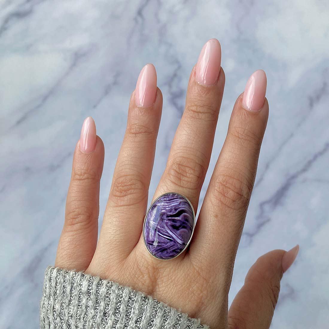 Charoite Adjustable Ring / 925 Sterling Silver / Healing Gemstone / Gifts For Her / Oval Cab / Charoite Jewellery / Statement Ring Chr-r-54.