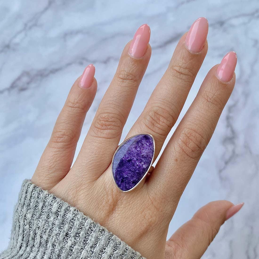 Charoite Adjustable Ring / 925 Sterling Silver / Healing Gemstone / Gift For Her / Fancy Cab / Charoite Jewellery / Statement Ring Chr-r-18.