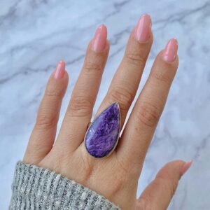 Charoite Adjustable Ring / 925 Sterling Silver / Healing Gemstone / Gifts For Her / Pear Cab / Charoite Jewellery / Statement Ring Chr-r-47.