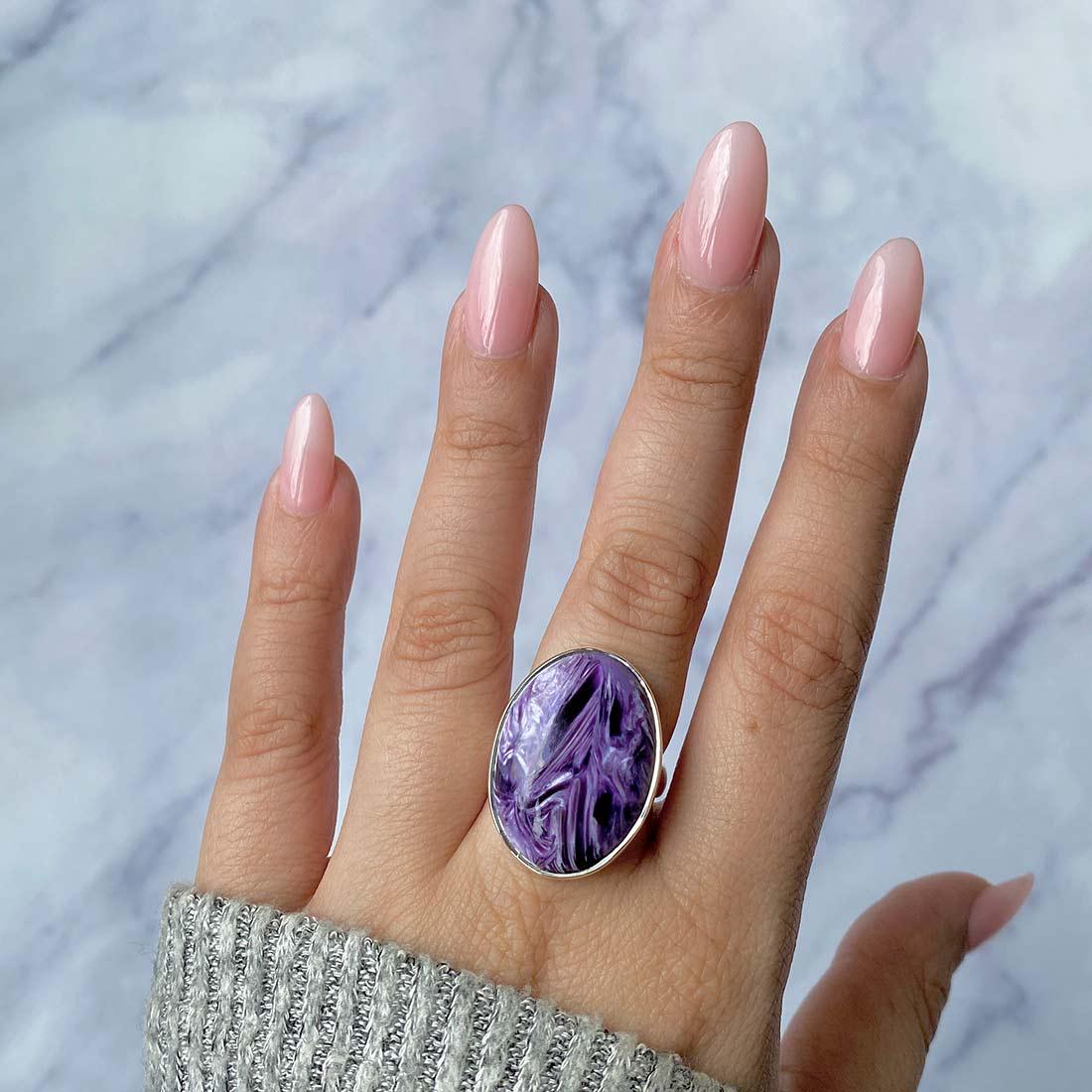 Charoite Adjustable Ring / 925 Sterling Silver / Healing Gemstone / Gifts For Her / Oval Cab / Charoite Jewellery / Statement Ring Chr-r-65.
