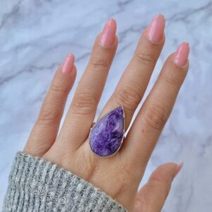 Charoite Adjustable Ring / 925 Sterling Silver / Healing Gemstone / Gifts For Her / Pear Cab / Charoite Jewellery / Statement Ring Chr-r-24.