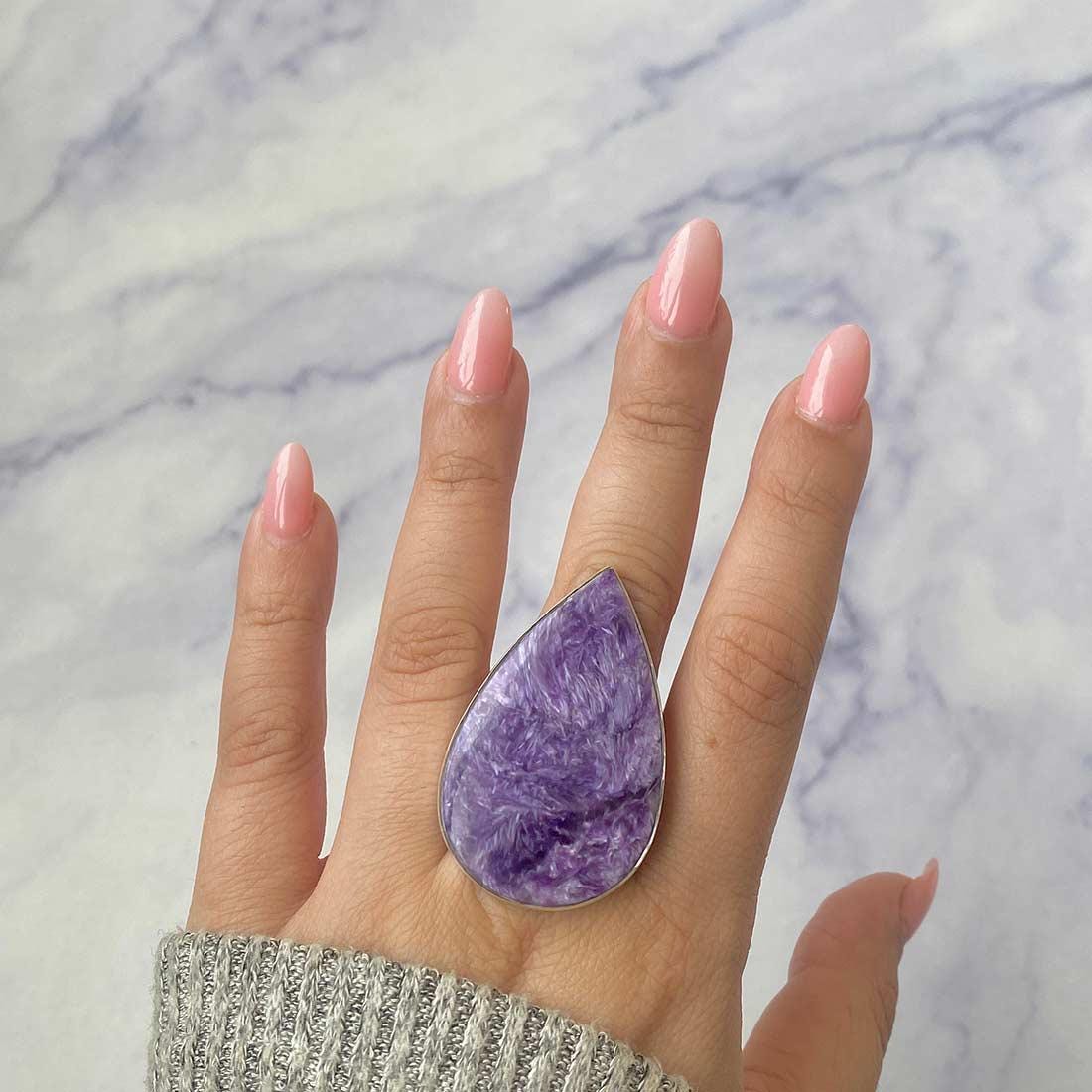 Charoite Adjustable Ring / 925 Sterling Silver / Healing Gemstone / Gifts For Her / Pear Cab / Charoite Jewellery / Statement Ring Chr-r-84.