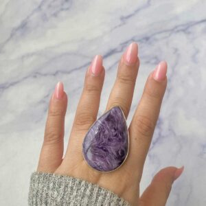 Charoite Adjustable Ring / 925 Sterling Silver / Healing Gemstone / Gifts For Her / Pear Cab / Charoite Jewellery / Statement Ring Chr-r-91.