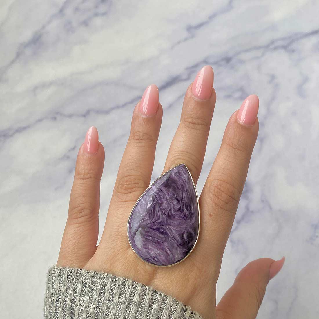 Charoite Adjustable Ring / 925 Sterling Silver / Healing Gemstone / Gifts For Her / Pear Cab / Charoite Jewellery / Statement Ring Chr-r-91.