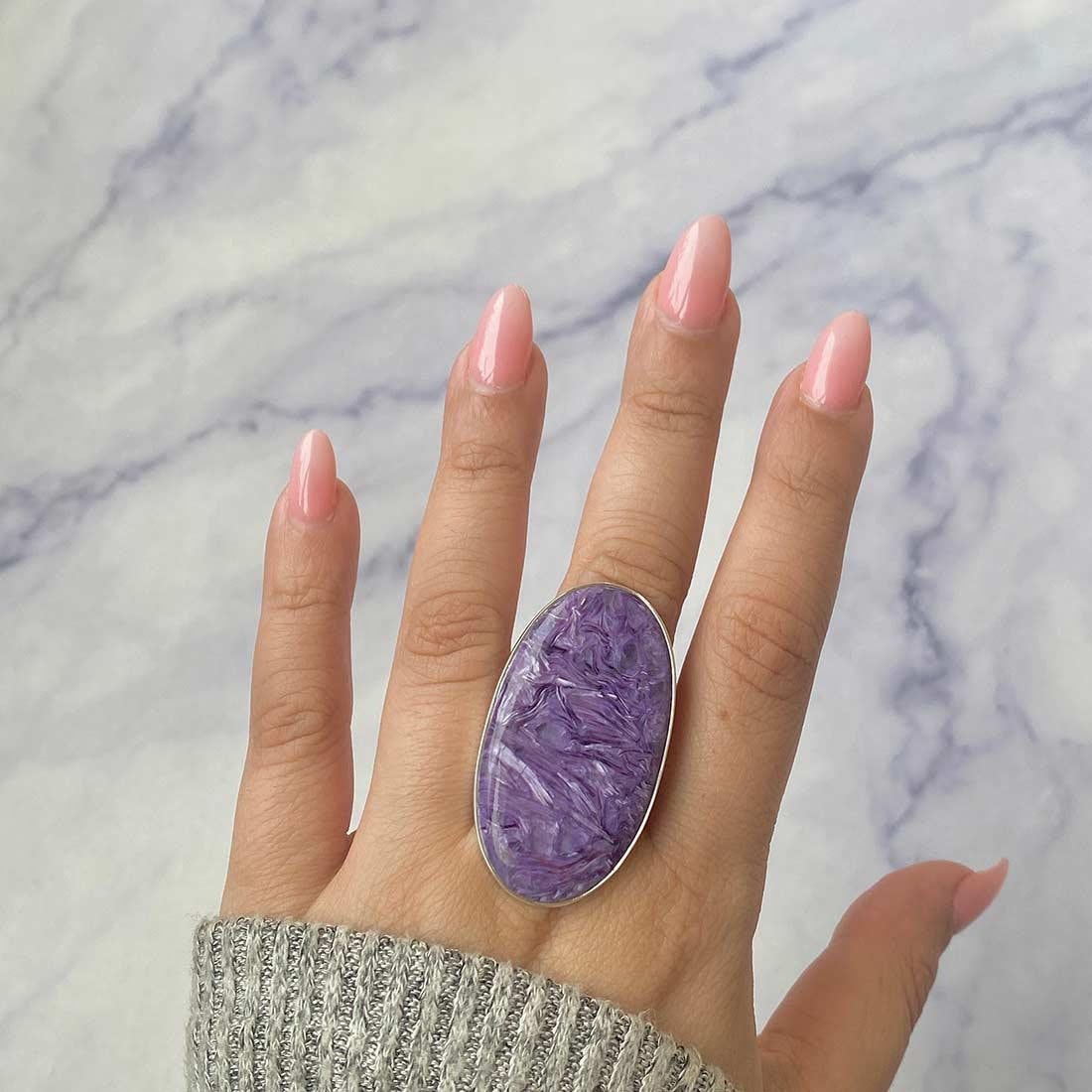 Charoite Adjustable Ring / 925 Sterling Silver / Healing Gemstone / Gifts For Her / Oval Cab / Charoite Jewellery / Statement Ring Chr-r-80.