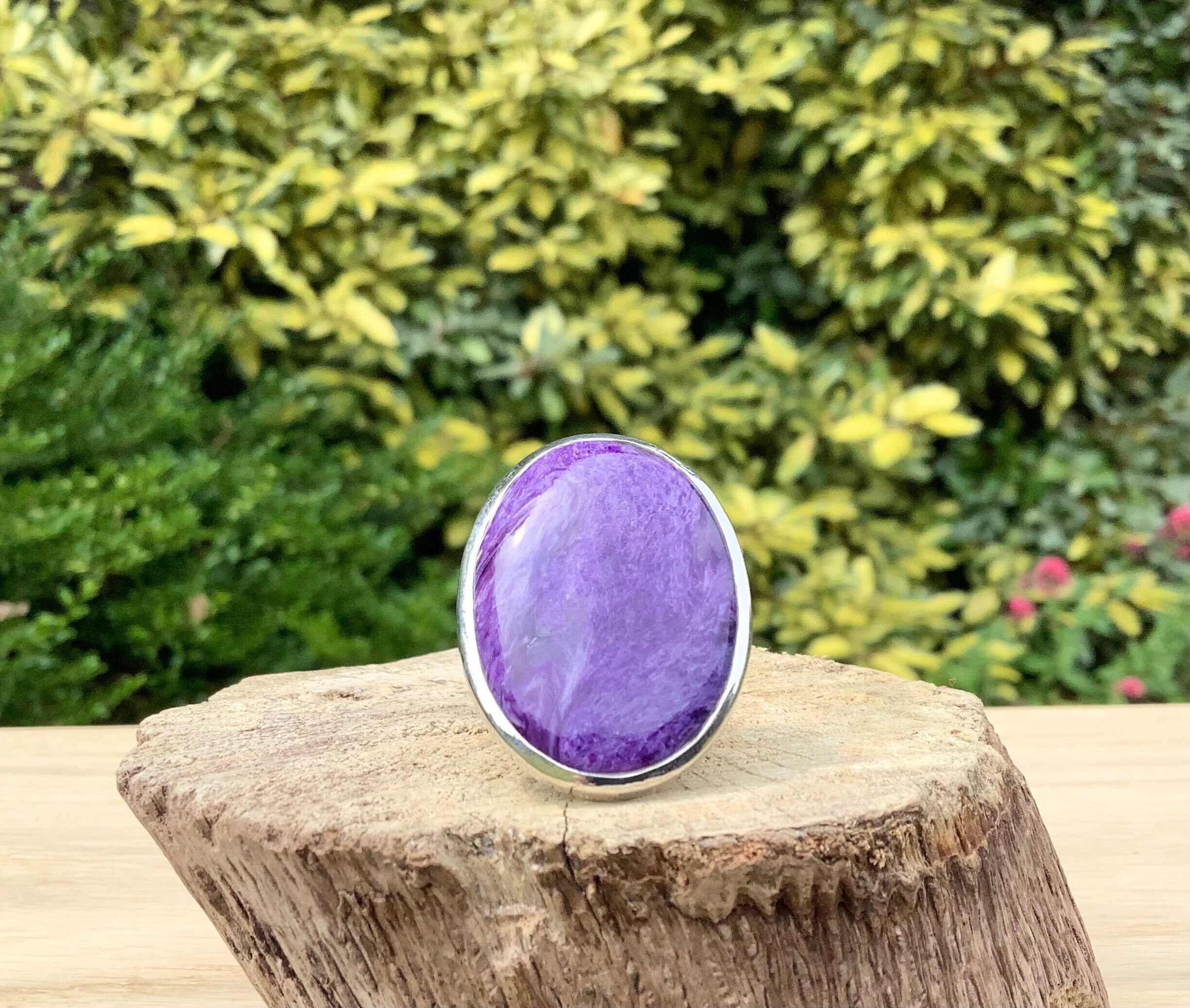 Adjustable Sterling Silver Charoite Statement Ring: Purple Gemstone