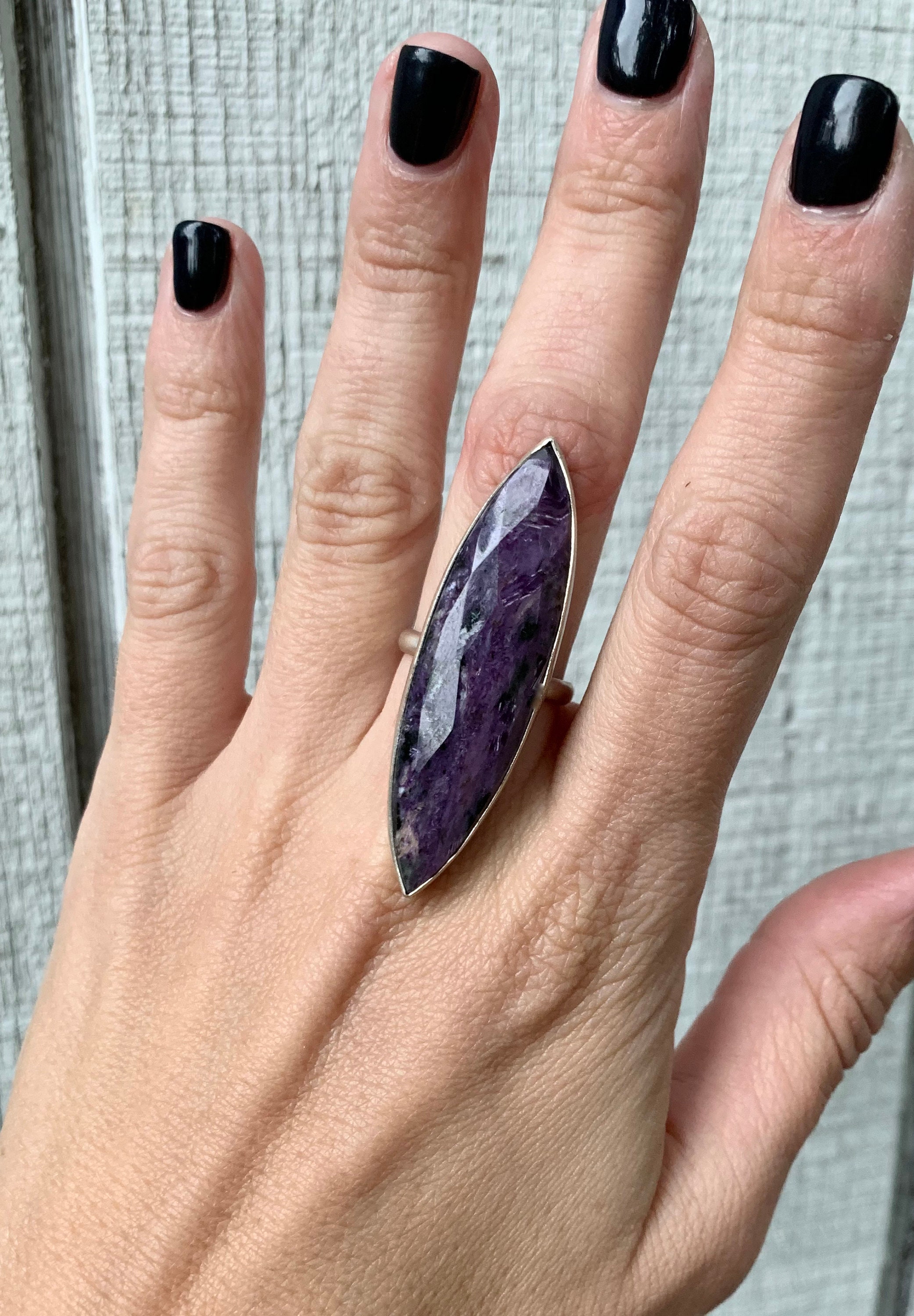 Faceted Large Marquise Purple Charoite Sterling Silver Statement Ring , Charoite Ring , Purple Gemstone Ring , Boho , Rocker , Gifts For Her