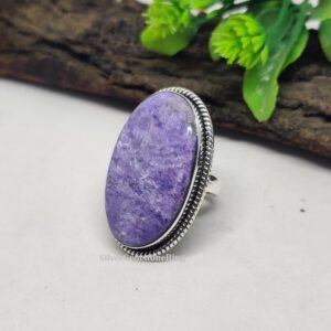 Handcrafted Oval Charoite Ring: 925 Sterling Silver Band