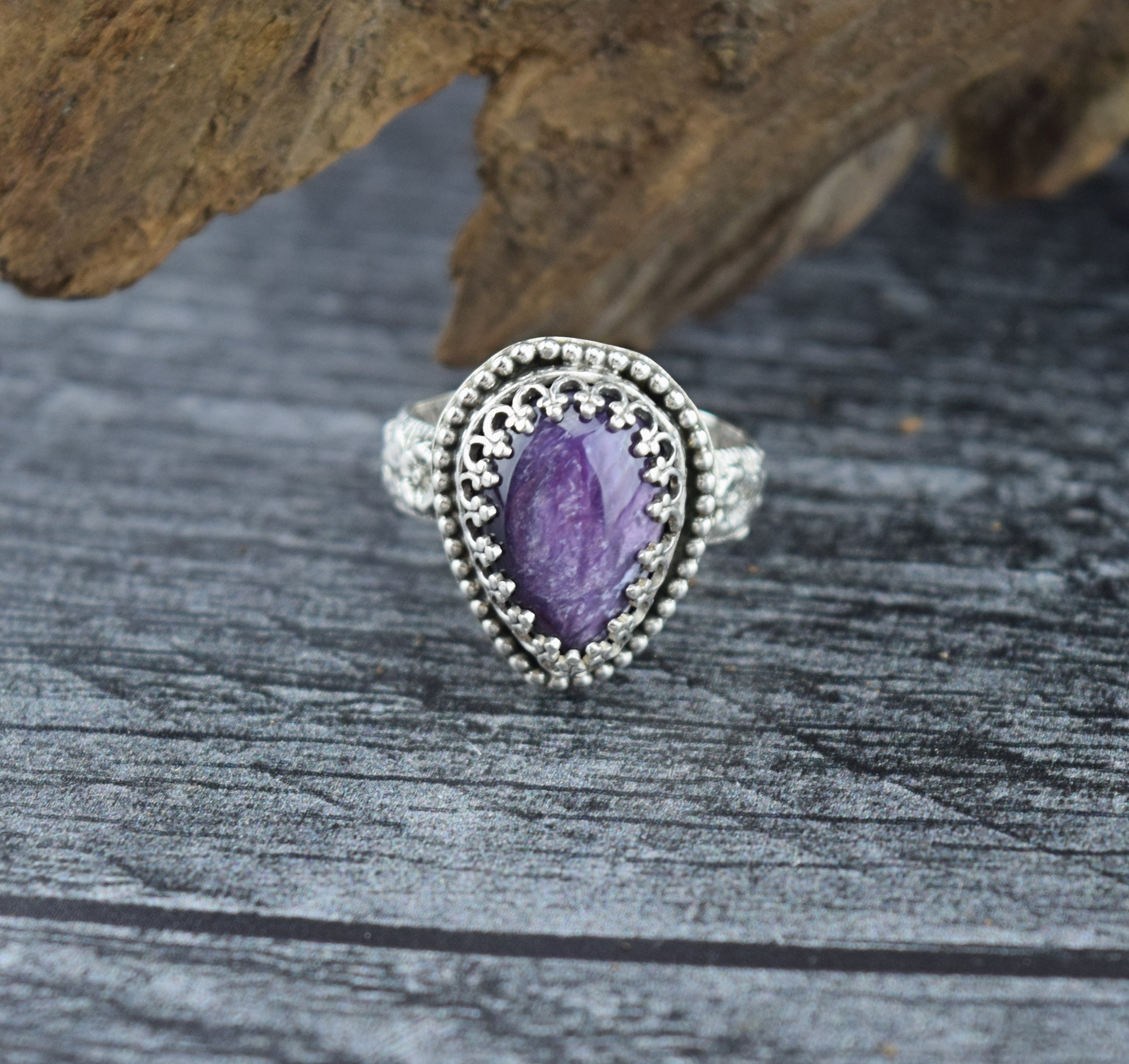 Handcrafted Sterling Silver Charoite Ring - Size 6 1/2
