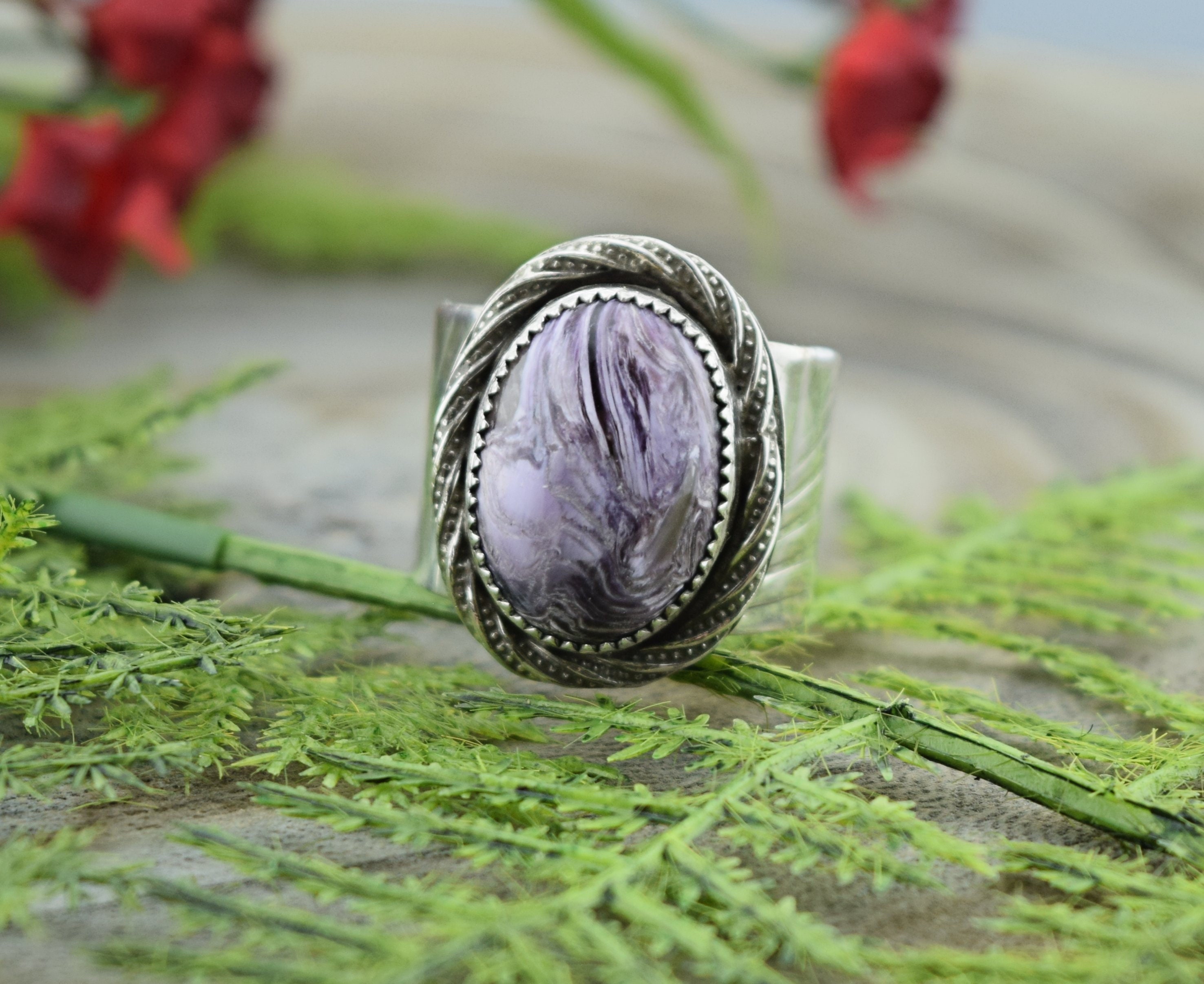 Handcrafted Sterling Silver Charoite Ring - Size 9 3 / 4