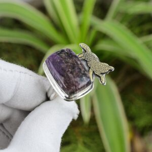 Handmade Charoite Ring: 925 Sterling Silver, 18K Gold Plated, Adjustable Handmade Charoite Ring: 925 Sterling Silver, 18K Gold Plated, Adjustable