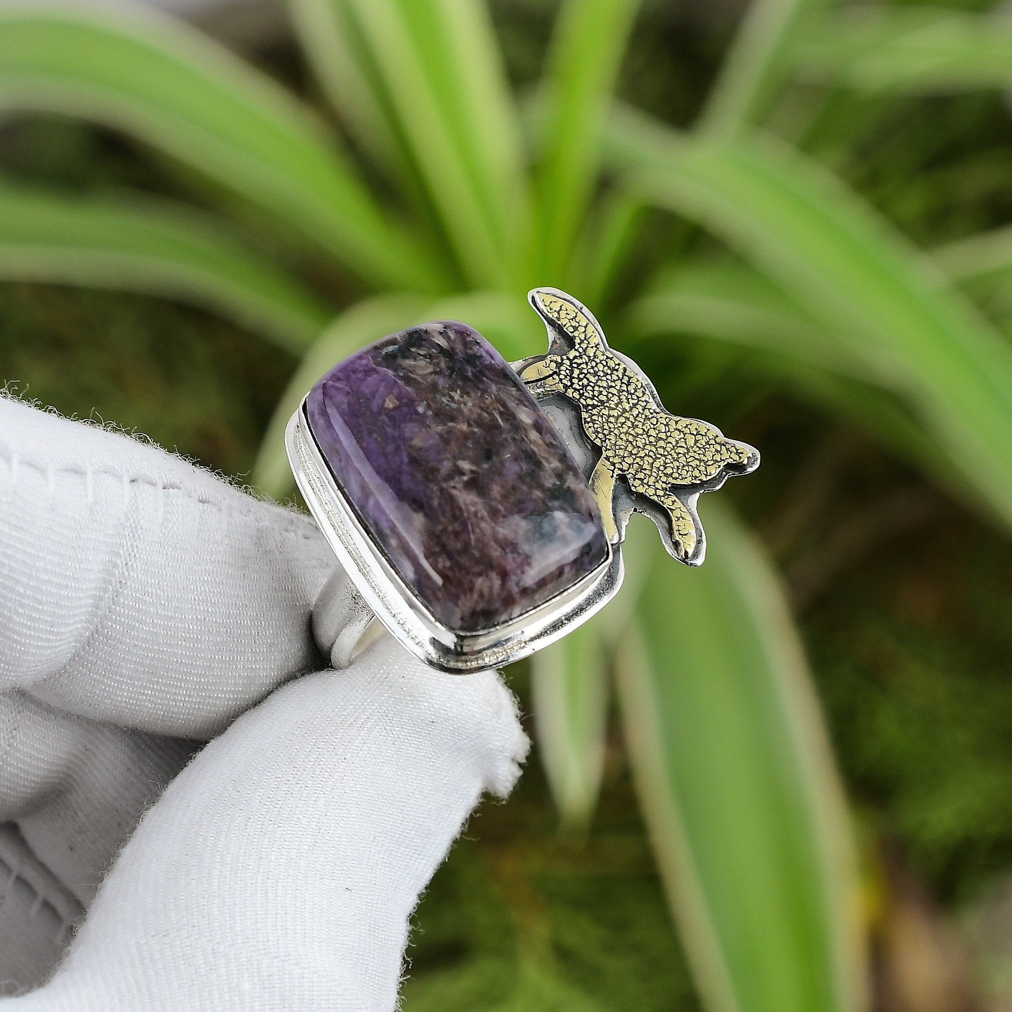 Handmade Charoite Ring: 925 Sterling Silver, 18k Gold Plated, Adjustable