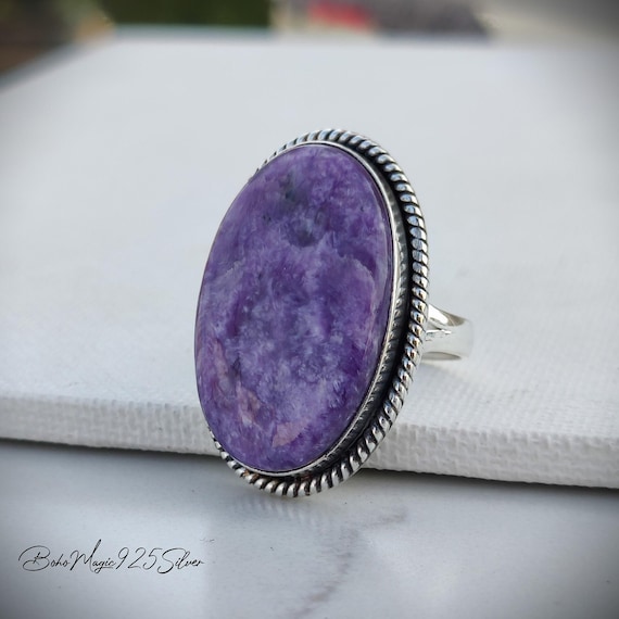 Handmade Charoite Gemstone Ring: 925 Sterling Silver, Pear Shape