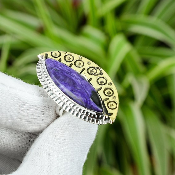 Handmade Marquise Charoite Ring: 18k Gold Plated Sterling Silver Adjustable Boho Jewelry