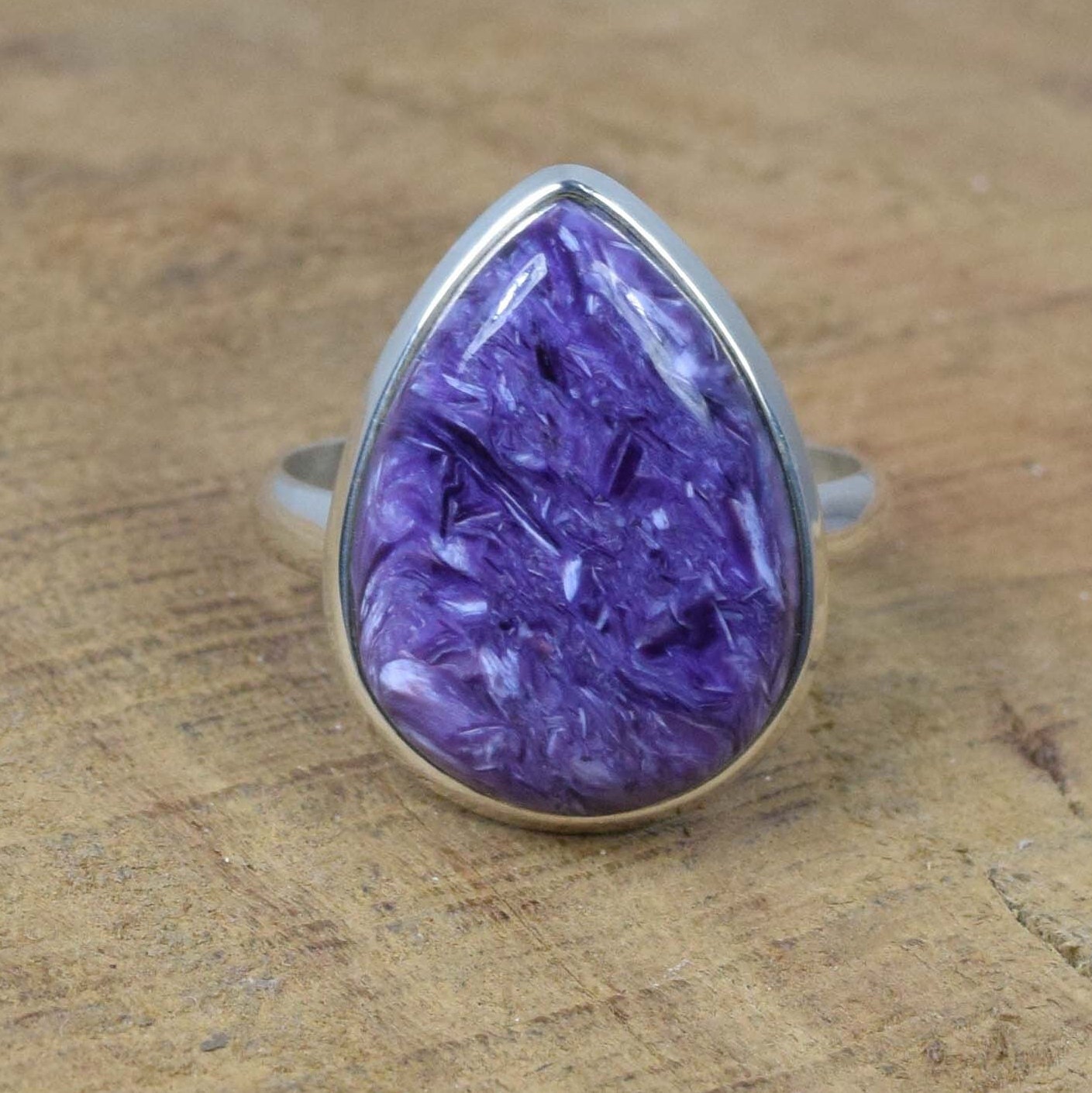 Handmade Pear Charoite Ring: 925 Sterling Silver Purple Gemstone
