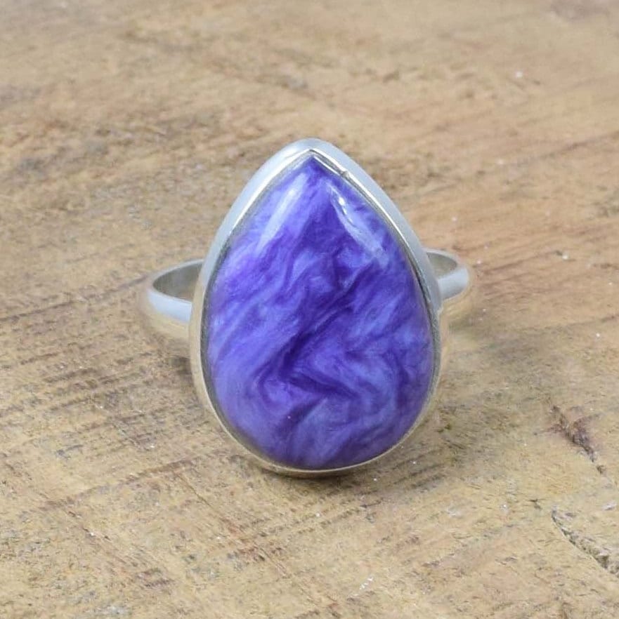 Handmade Pear Charoite Ring: 925 Sterling Silver, Purple Gemstone