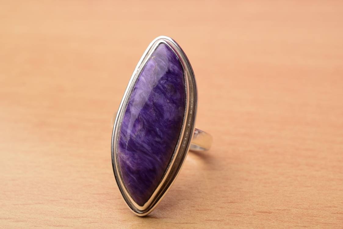 Large Charoite Gemstone Ring In 925 Sterling Silver, Purple Charoite Rings, Designer Statement Rings, Proposal Ring, Artisan Ring, Gift