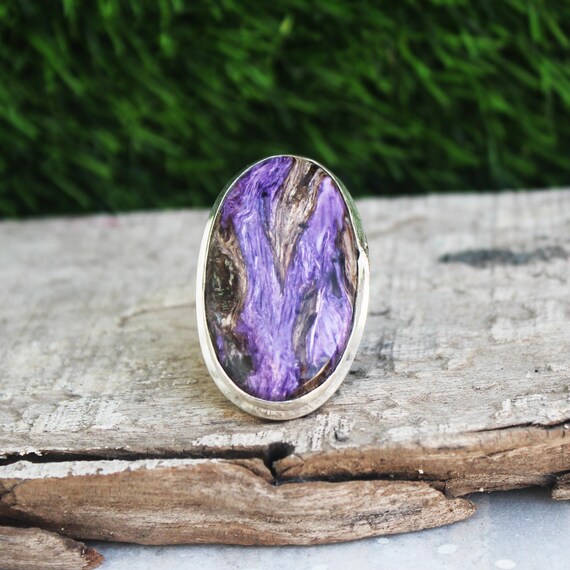 Large Oval Charoite Ring: 925 Sterling Silver Statement Ring