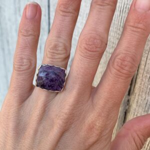Large Rectangle Charoite Sterling Silver Ring Size 5.75-6.25 , Cushion Cut Purple Stone Ring , Statement Ring , Swirly Purple Stone