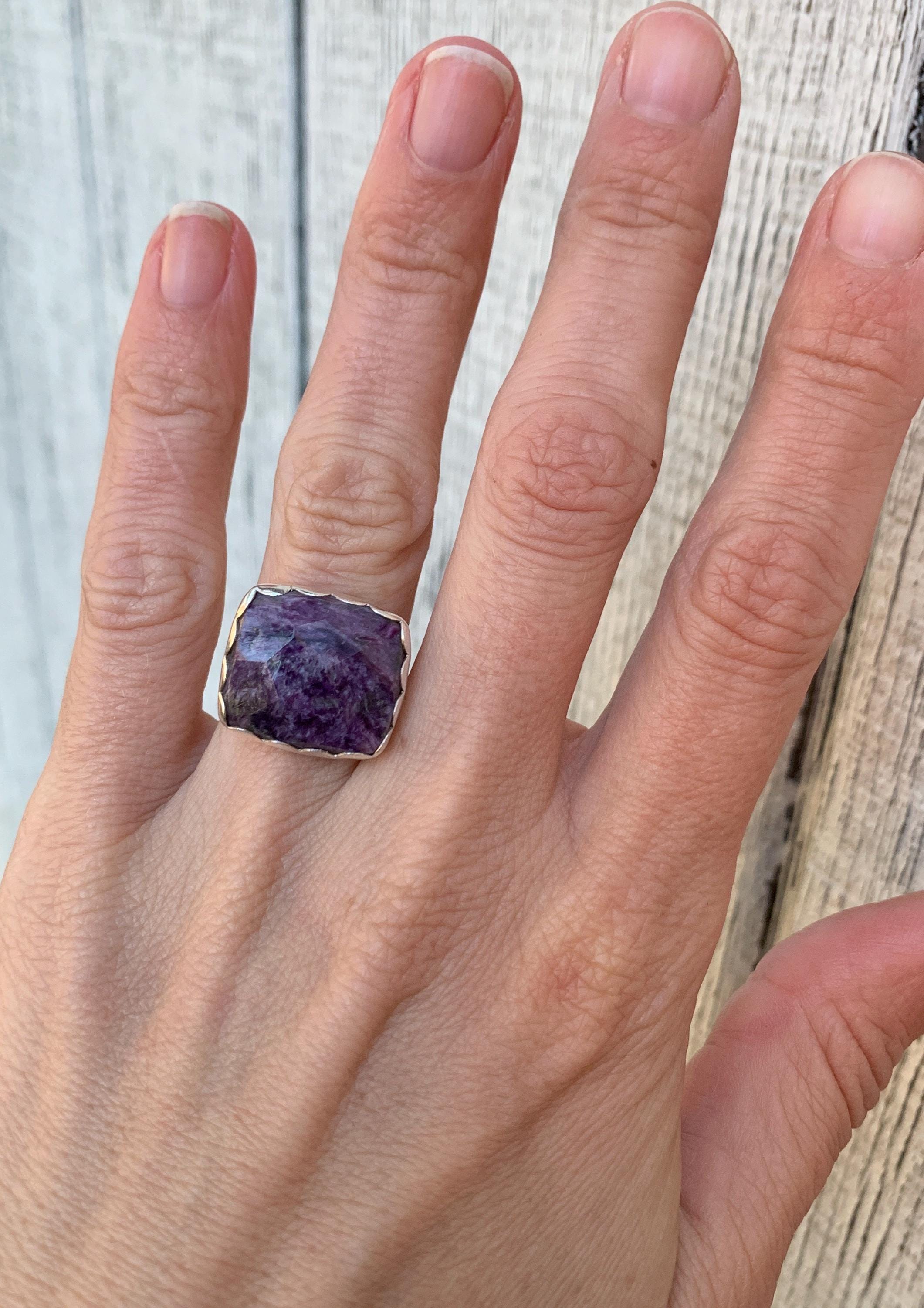 Large Rectangle Charoite Sterling Silver Ring Size 5.75-6.25 | Cushion Cut Purple Stone Ring | Statement Ring | Swirly Purple Stone Large Rectangle Charoite Sterling Silver Ring Size 5.75-6.25 | Cushion Cut Purple Stone Ring | Statement Ring | Swirly Purple Stone