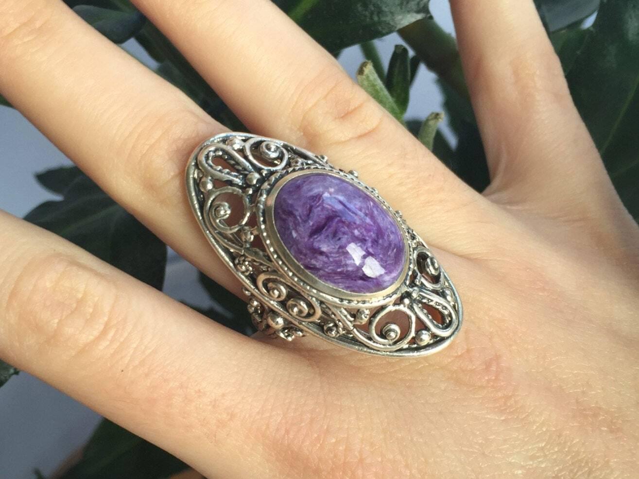 Charoite Ring, Natural Charoite, Vintage Silver Ring, Purple Ring, Large Victorian Ring, Vintage Rings, Solid Silver Ring, Adina Stone