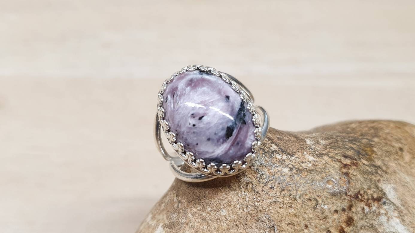 Purple Charoite Ring. 925 Sterling Silver Rings For Women. Reiki Jewelry Uk. Violet Flame Ring. Adjustable Ring. 18x13mm Gemstone