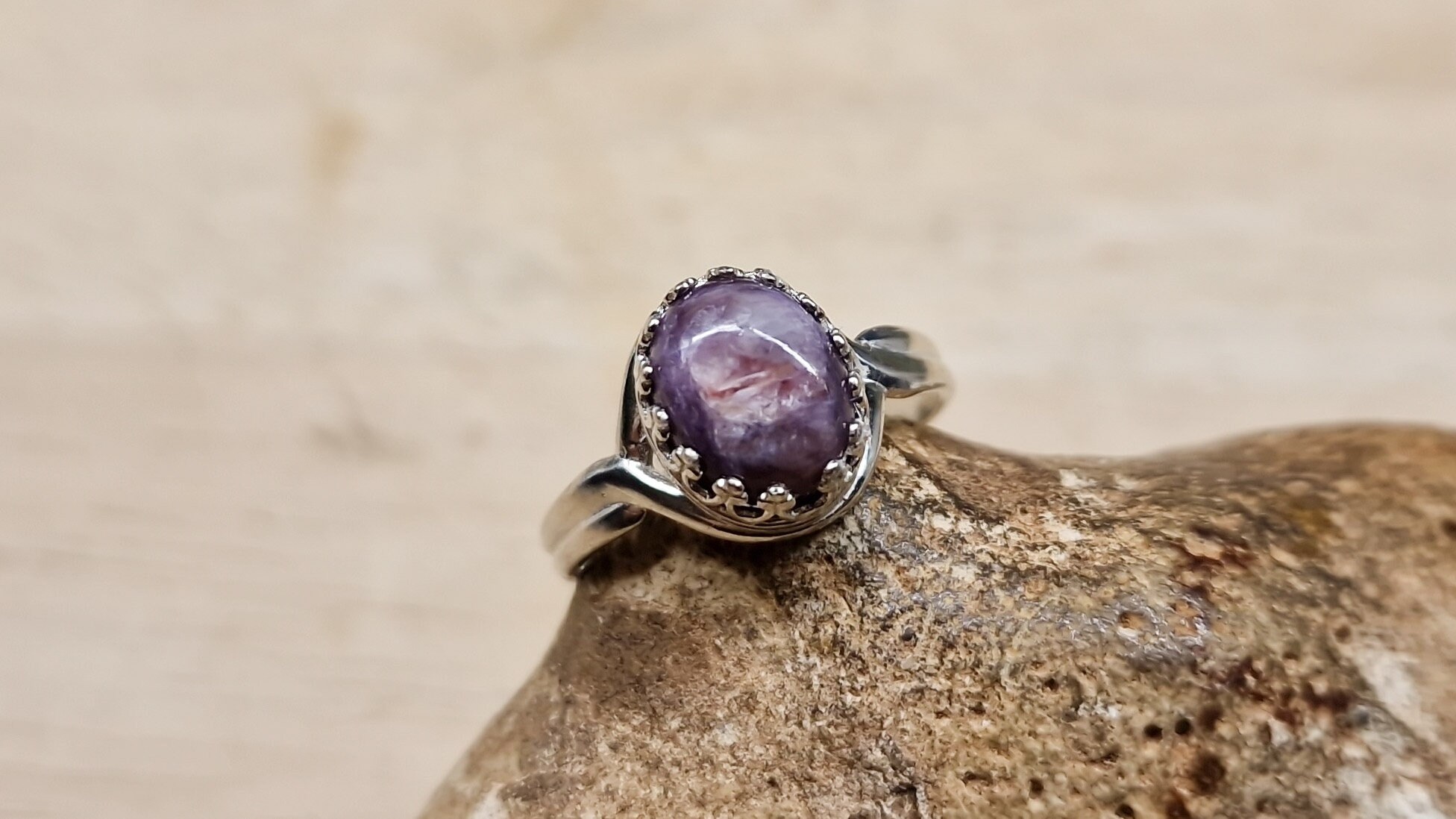 Purple Charoite Ring. 925 Sterling Silver Rings For Women. Reiki Jewelry. Violet Flame Ring. Adjustable Ring Uk. 10x8mm Stone