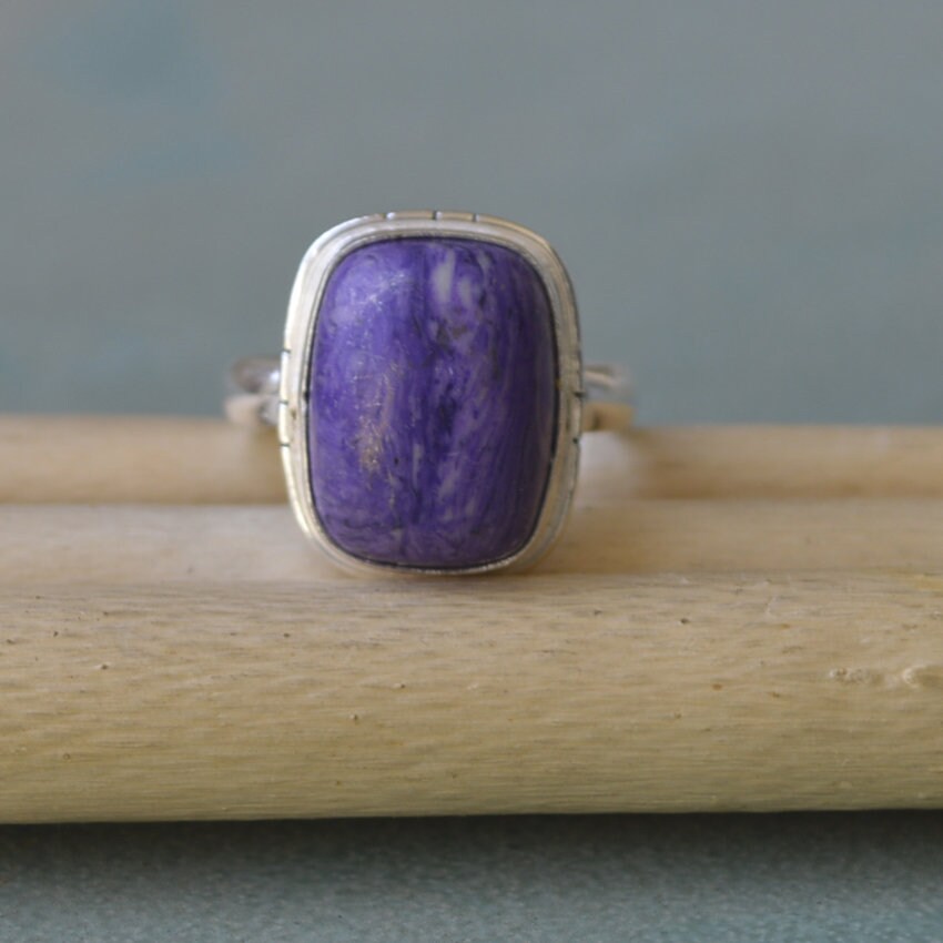 Purple Charoite Gemstone Ring: 925 Sterling Silver Statement Ring