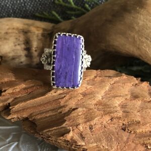 Purple Charoite Statement Ring: Sterling Silver Roses, Wide Band - Size 9us